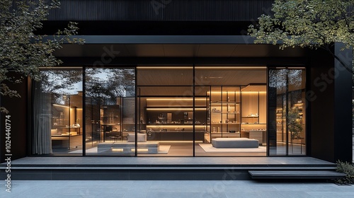 Modern storefront with large glass windows and a black brick facade. 