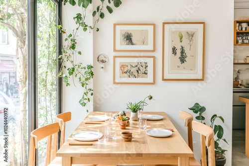 A simple yet elegant dining room with a wooden table and chairs set for a meal.