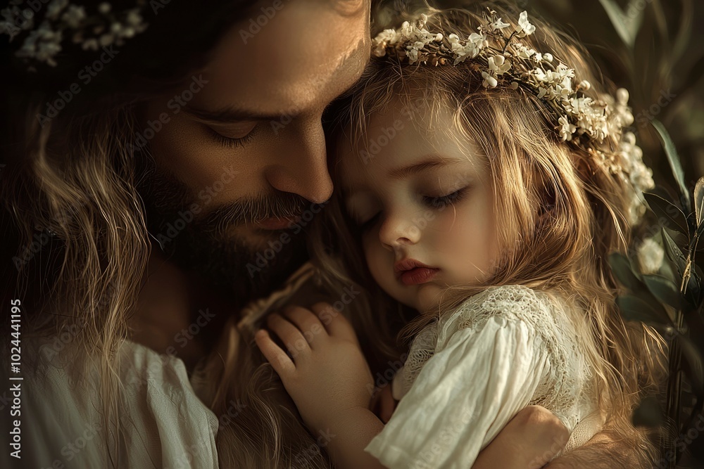 A Man Holds a Sleeping Young Girl with a Flower Crown A Man Holds a Sleeping Young Girl with a Flower Crown