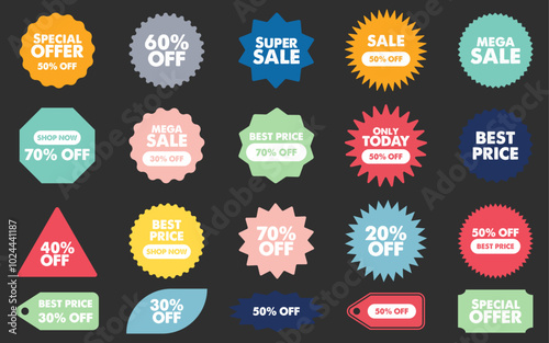 Colorful sunburst price stickers vintage label badge with discount text tag shopping promotion shapes announcement