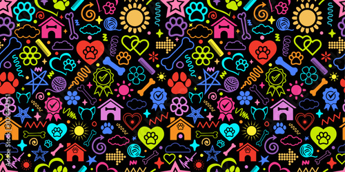 Enargetic neon colorful doodles seamless pattern pet dog cat theme vintage vector texture fabric textile paper print packaging wrapping background wallpaper