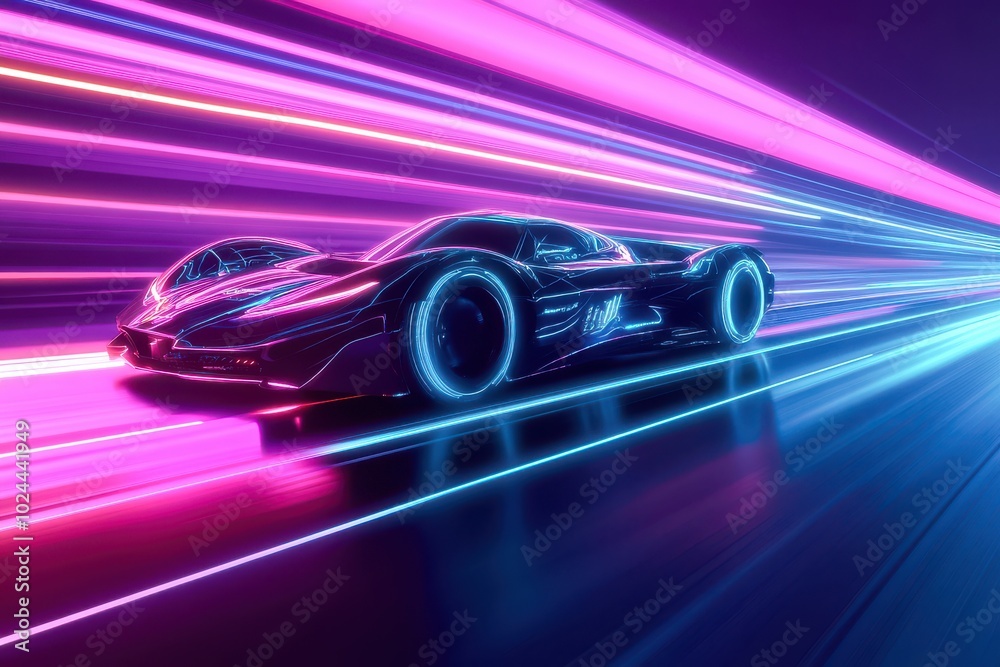 A sleek, futuristic sports car racing along a digital grid illuminated by neon pink and blue lights A sleek, futuristic sports car racing along a digital grid illuminated by neon pink and blue lights