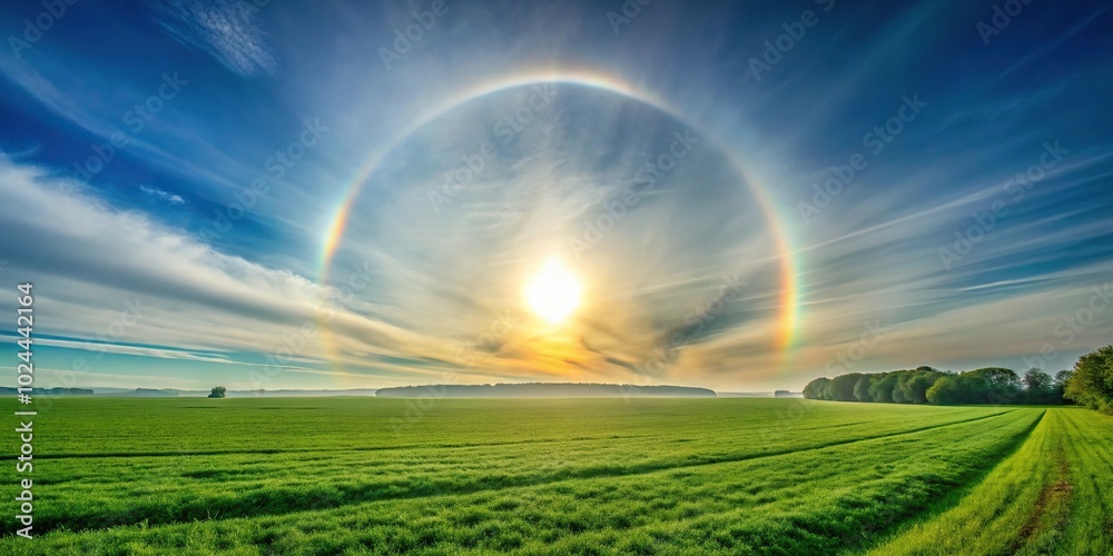 Obraz premium Low angle view of sun halo in morning over green field