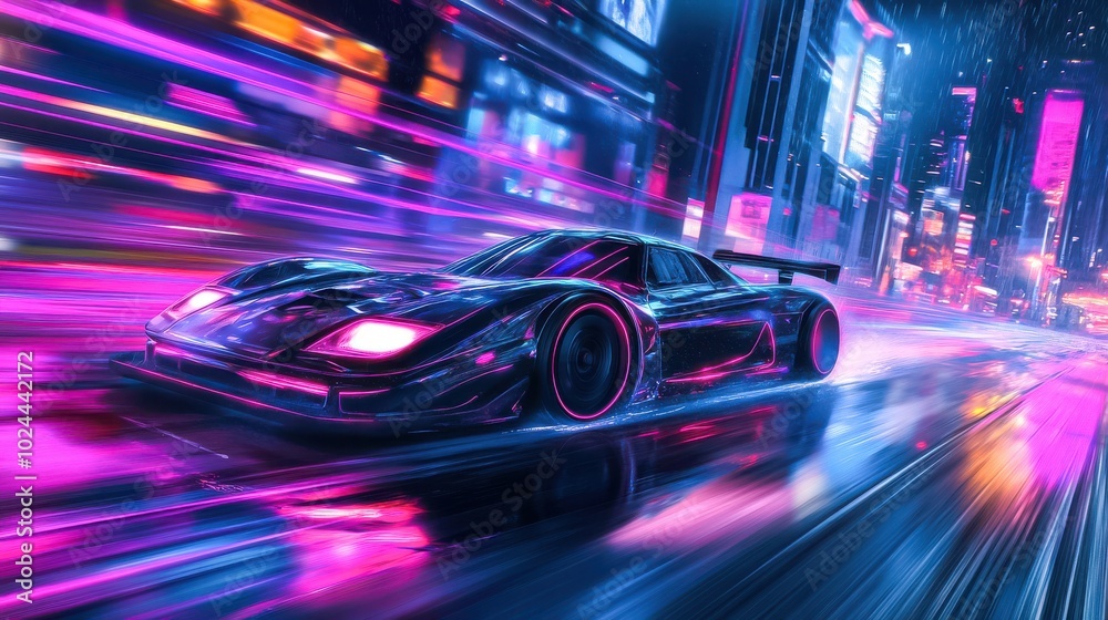 A sleek, high-tech car rendered in glowing neon lines speeds down a rain-slicked road