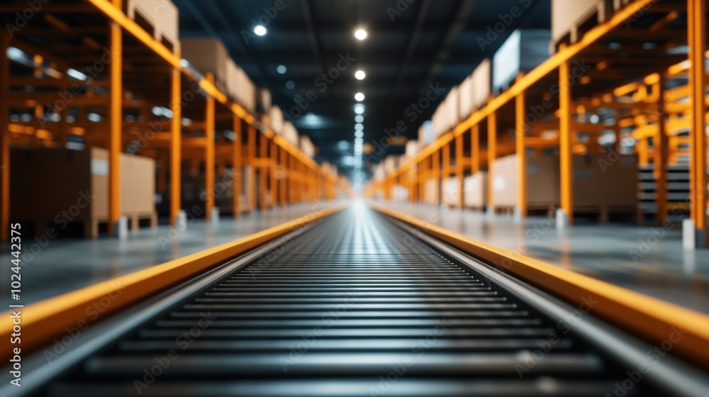 A warehouse interior with conveyor belt and storage boxes, emphasizing logistics and organization. A warehouse interior with conveyor belt and storage boxes, emphasizing logistics and organization.
