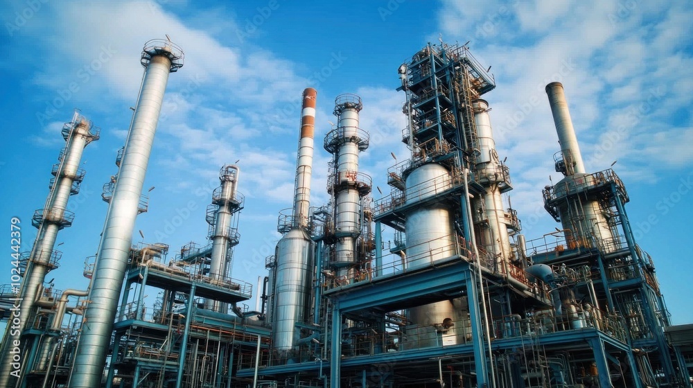 A low angle view of a large industrial refinery with tall A low angle view of a large industrial refinery with tall