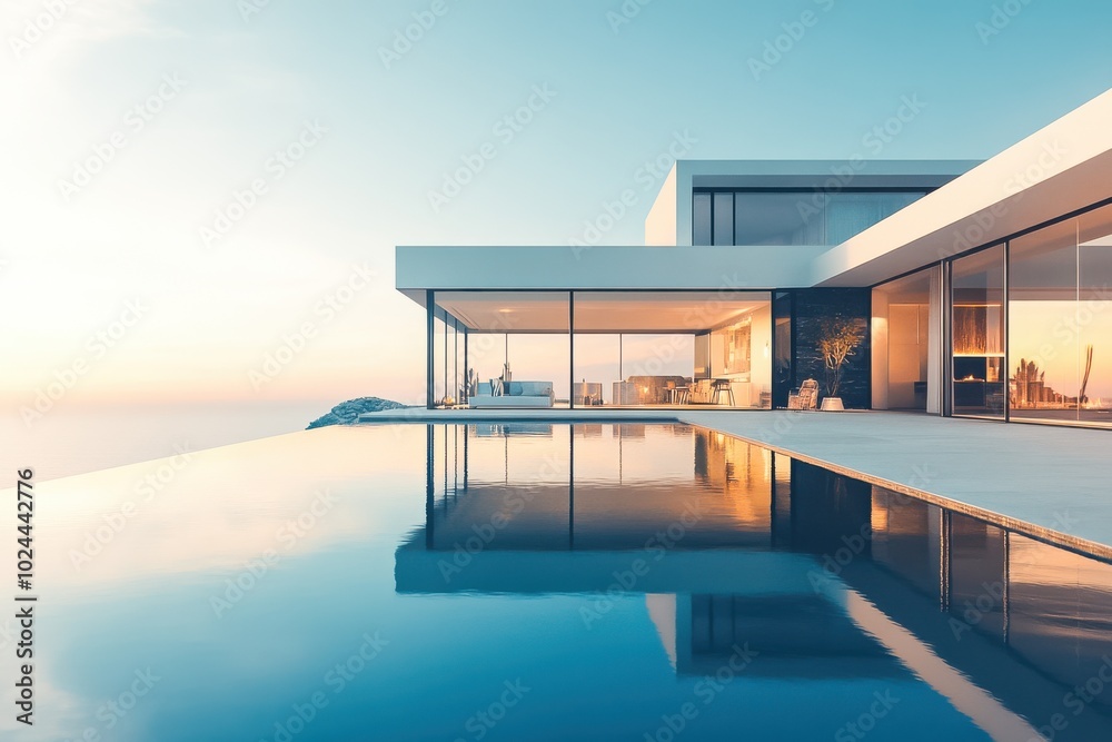 A sleek, modern villa with large glass walls, surrounded by an elegant outdoor area featuring A sleek, modern villa with large glass walls, surrounded by an elegant outdoor area featuring