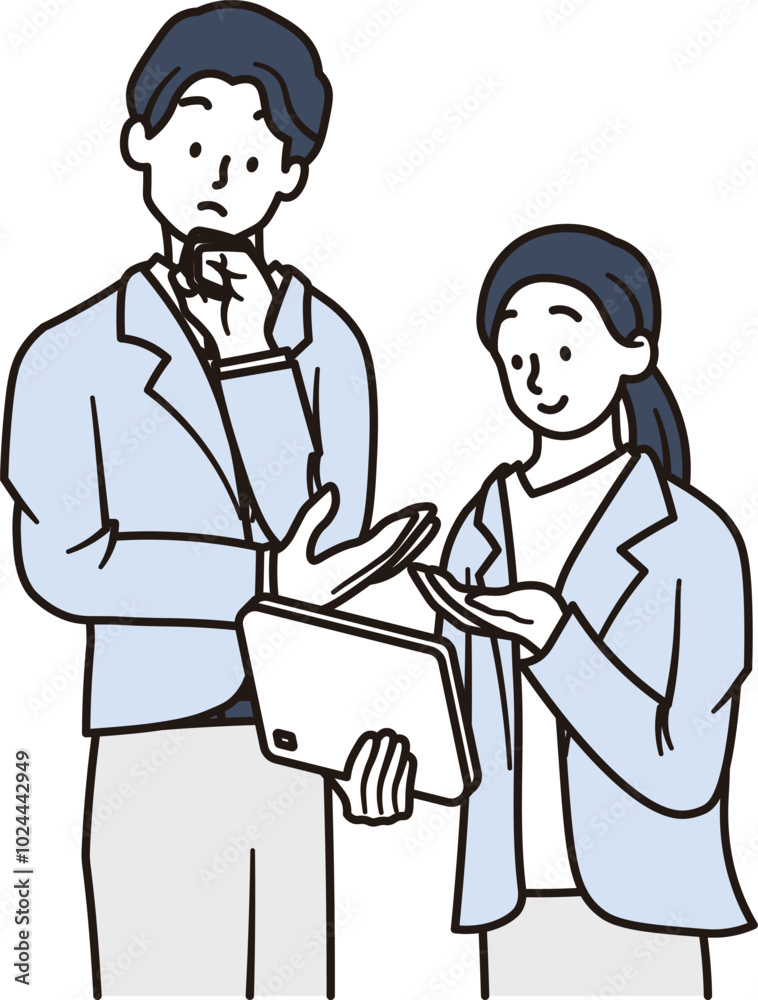 タブレットで打合せをする男性と女性の会社員の上半身のシンプルなイラスト素材