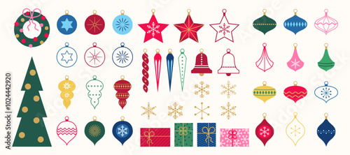 Merry Christmas and Happy New Year geometric decoration collection. Trendy minimal vintage design elements isolated on a  white background. Christmas tree decorations, snowflakes, gifts.