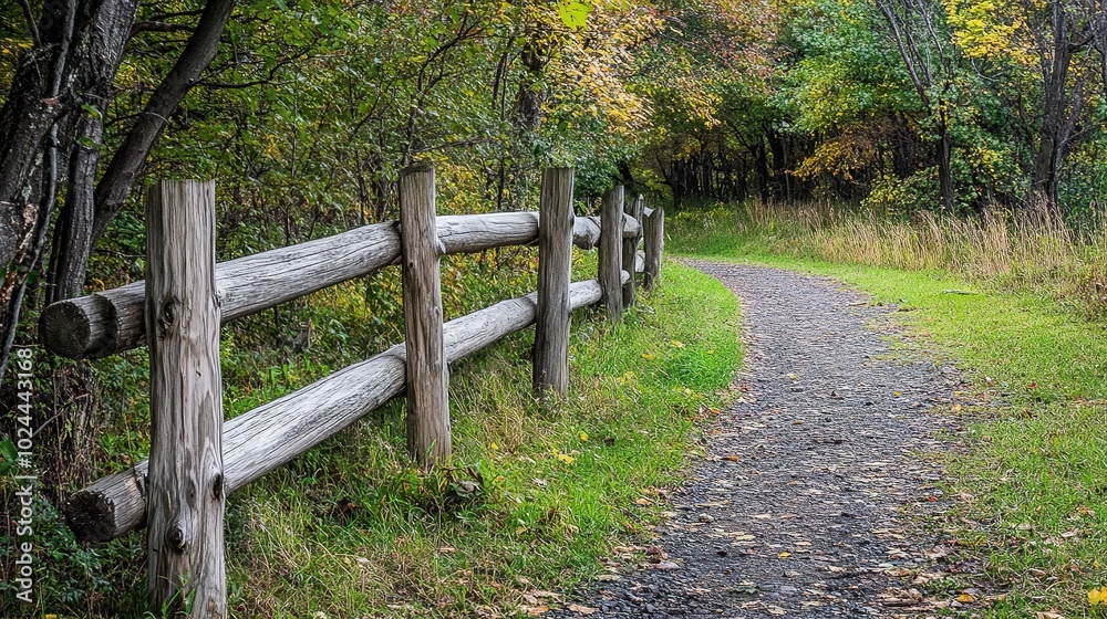 Fototapeta premium A rustic wooden fence beautifully weathered by time, showcasing the charm of countryside living. This fence stands tall amidst lush greenery, adding character to the landscape.
