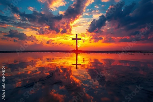 Cross Silhouette Reflected in Calm Water at Sunset