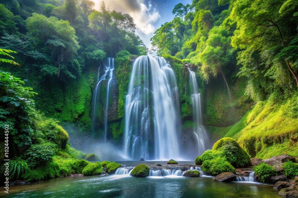 Obraz premium Low angle view of waterfall in jungle landscape surrounded by green vegetation