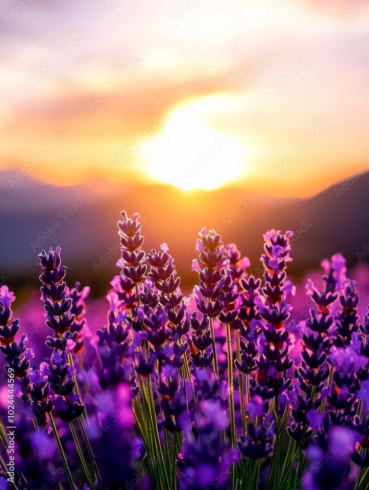 Pastel Sunset Over Lavender Meadow with Colorful Sky Pastel Sunset Over Lavender Meadow with Colorful Sky