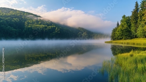 A misty morning over a tranquil lake with reflections