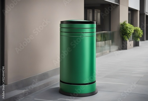 Modern Green Garbage Bin, Black Trash Can on Street, Metal Waste Bin for Mix Trash and Non Recyclable Waste photo