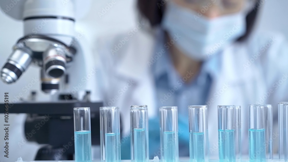 Test tubes with a blurred scientist in a lab coat in the background Test tubes with a blurred scientist in a lab coat in the background