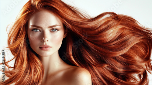 Modell con capelli lunghi e vibranti, con un'acconciatura sana e lucente. Ritratto di moda di una bellissima modella in un ambiente da studio. Pubblicità parrucchiere.