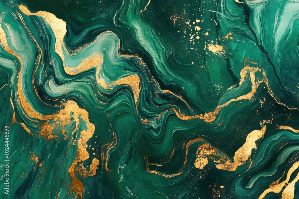 A striking abstract pattern resembling emerald green marble, with swirling veins of gold running A striking abstract pattern resembling emerald green marble, with swirling veins of gold running
