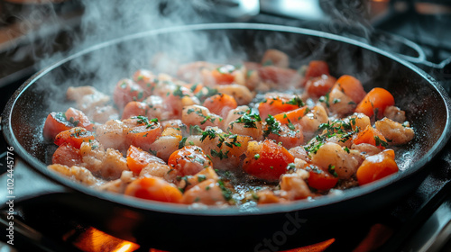 Close-up of Sizzling Food in a Pan