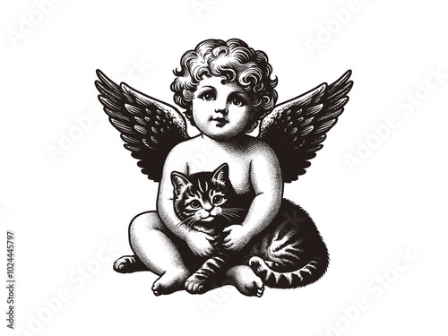 little baby angel cherub with cute tabby cat. Old vintage engraving illustration. Hand drawn outline graphic. Logo, emblem, icon. Isolated object, cut out. black and white	