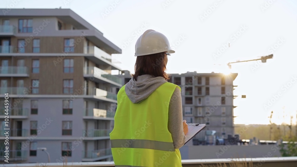 Female construction engineer with a hard hat and safety vest is writing on a clipboard while inspecting a construction site in the evening at sunset Female construction engineer with a hard hat and safety vest is writing on a clipboard while inspecting a construction site in the evening at sunset