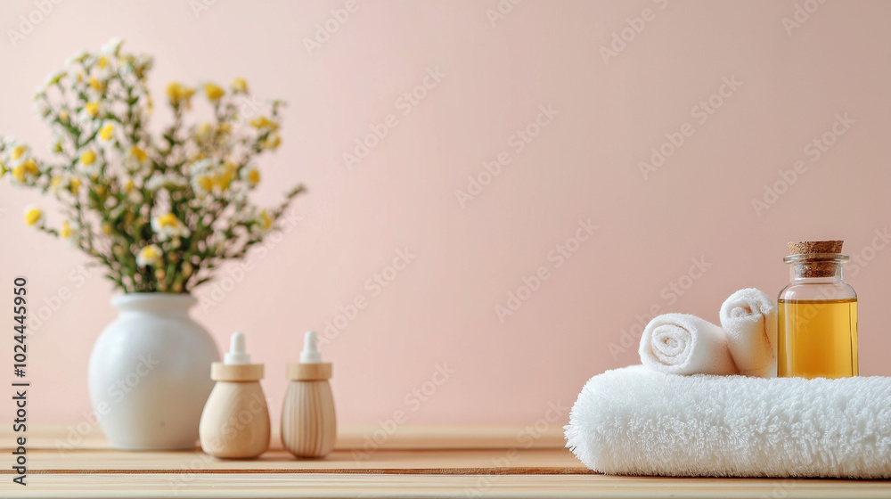 A relaxing wellness area showcases essential oils in small bottles, rolled towels, and a vase of fresh flowers, promoting psychological and physical well-being, copy space A relaxing wellness area showcases essential oils in small bottles, rolled towels, and a vase of fresh flowers, promoting psychological and physical well-being, copy space