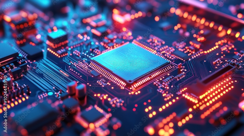 Obraz premium Close-up of a computer processor chip on a circuit board, glowing