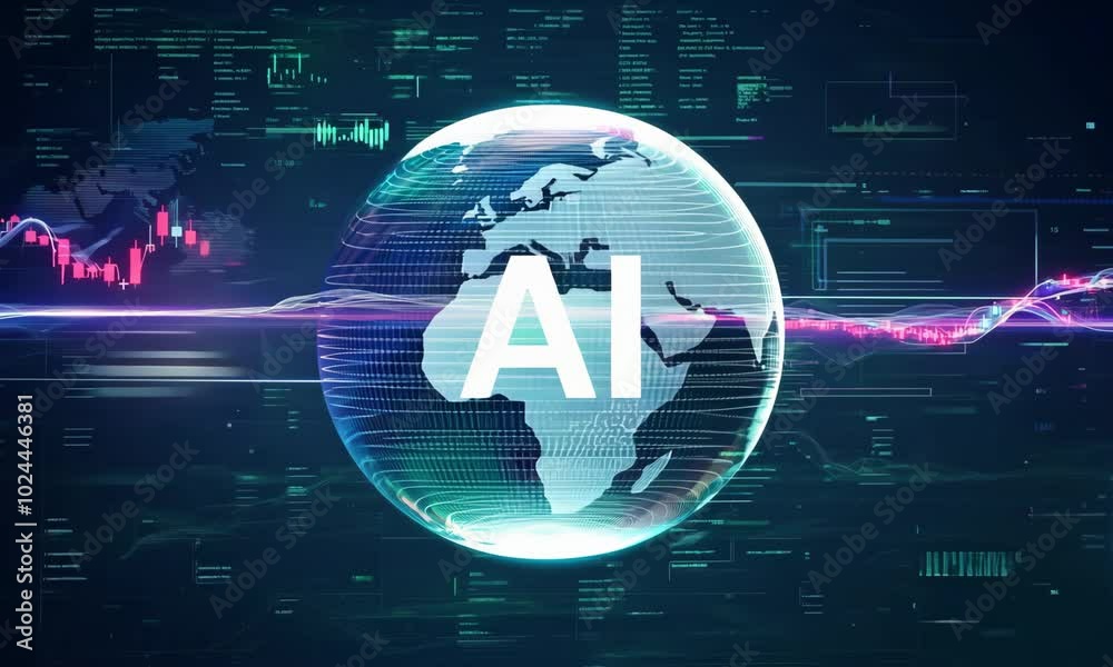 artificial intelligence featuring globe with AI text in center. Surrounding the globe digital data streams, abstract technology elements, innovation, data science, advancements in cyberspace