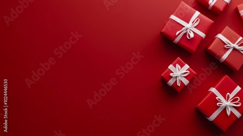 Holiday gift boxes on red.