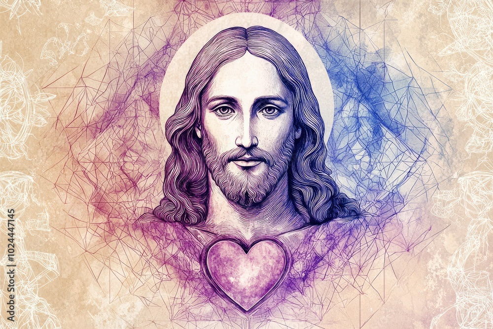 A Detailed Portrait of Jesus with a Heart and Abstract Background A Detailed Portrait of Jesus with a Heart and Abstract Background