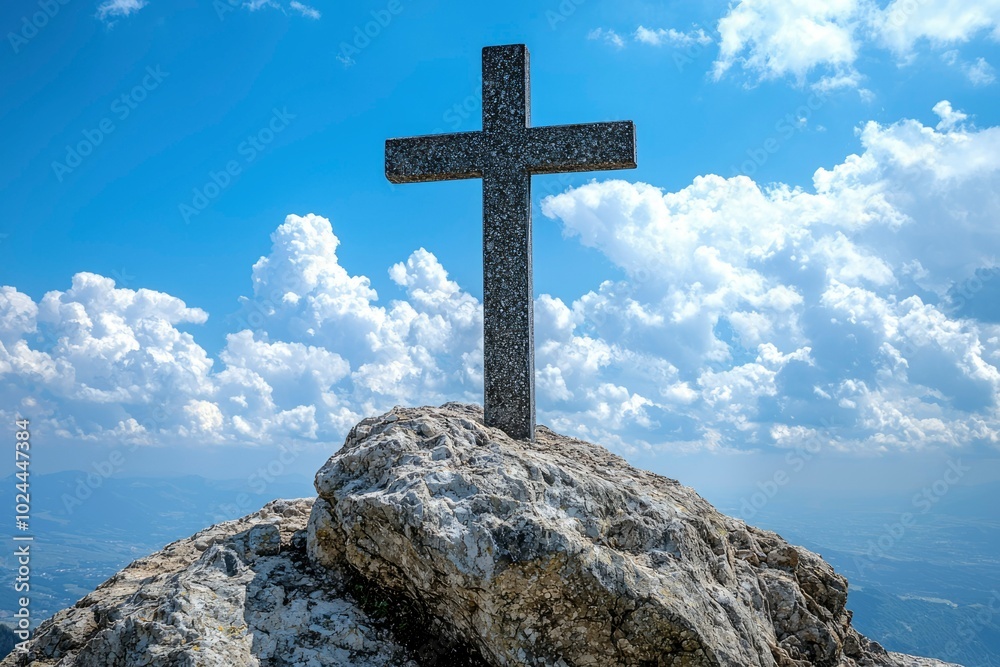 A Stone Cross Atop a Mountain Peak Against a Blue Sky A Stone Cross Atop a Mountain Peak Against a Blue Sky