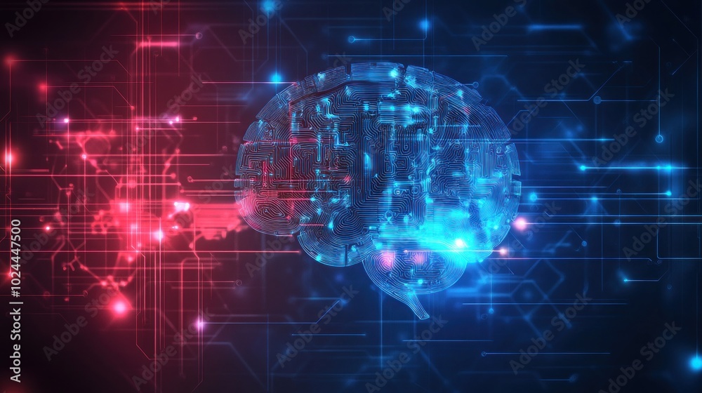 A digital representation of a human brain with blue and red circuit data cyber A digital representation of a human brain with blue and red circuit data cyber