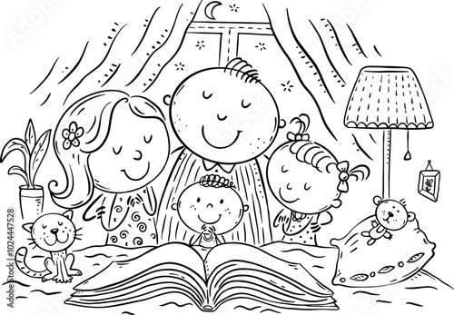 Cute family with children praying together before bedtime, Christianity, Religion. Cartoon outline vector illustration