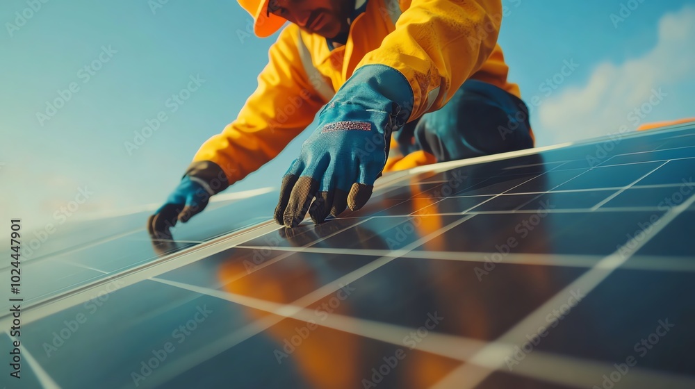 Worker installing solar panels on rooftop