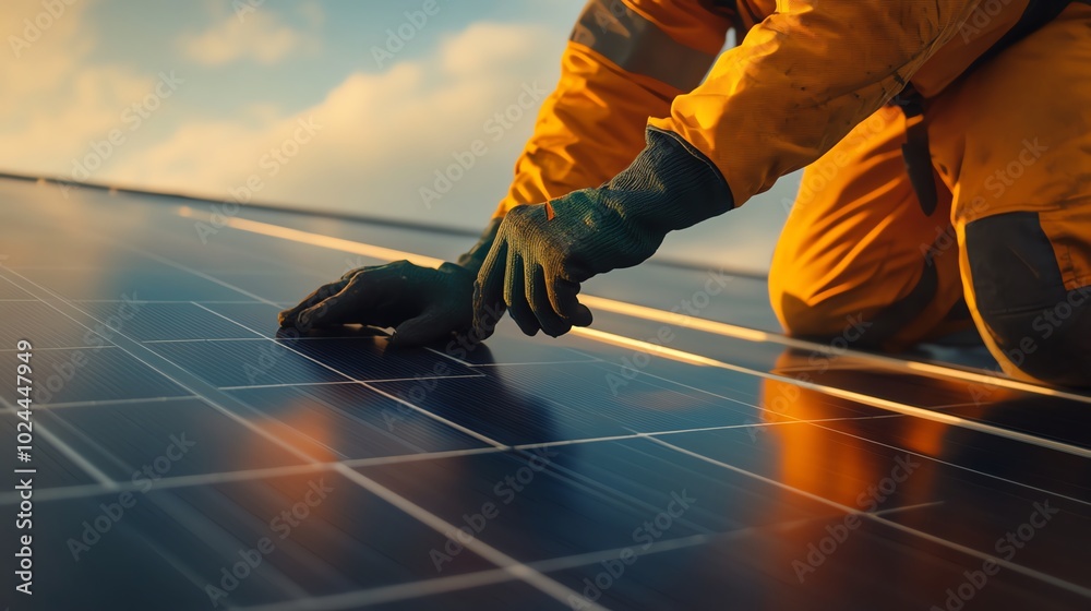 Obraz premium Worker cleaning solar panel under sunlight