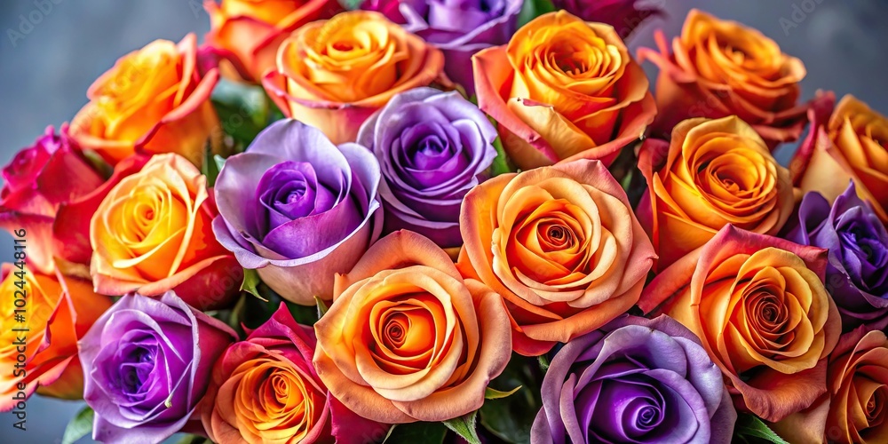 Lush bouquet of violet and orange roses in full bloom Lush bouquet of violet and orange roses in full bloom