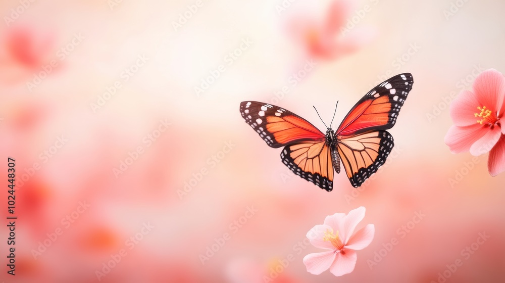 Obraz premium A butterfly emerging from its chrysalis, wings unfurling against a vibrant floral background, symbolizing the beauty and wonder of transformation.