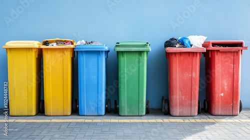 Assortment of waste bins holds various garbage types. Recycling containers and separate waste collection practices aim to manage different kinds of waste materials effectively. 