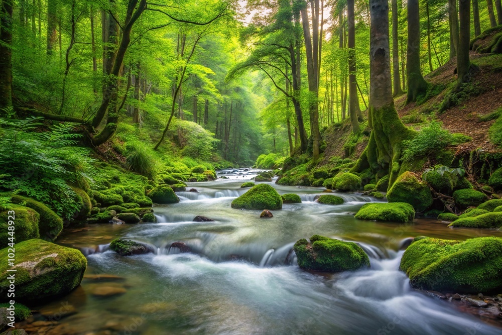 Lush forest stream in medium shot Lush forest stream in medium shot