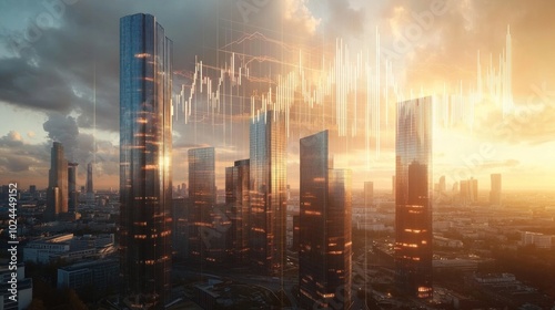 Skyline of a modern city with financial charts overlayed during