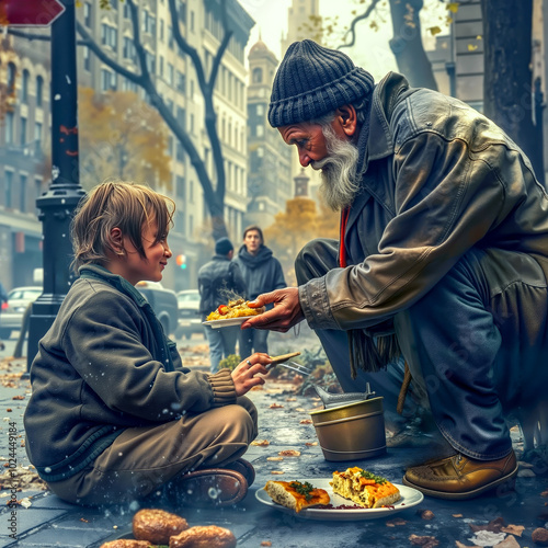 A man and a child sitting on the ground eating food