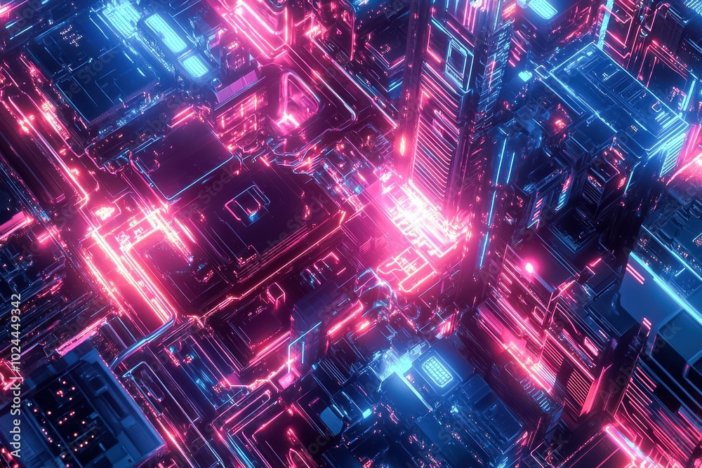 A top-down view of glowing, futuristic buildings connected by intricate digital pathways A top-down view of glowing, futuristic buildings connected by intricate digital pathways