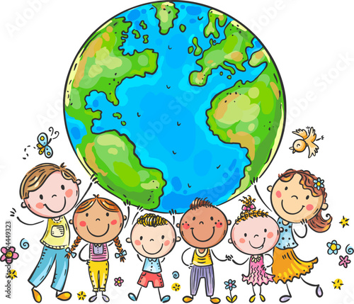 Happy cartoon kids different ages and nationals with the Globe as a symbol of peace and world unity, global communication