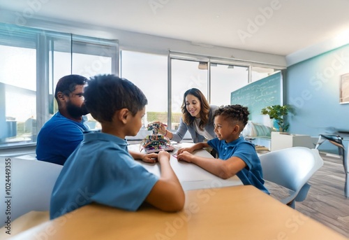 A group of children are working on a project around a table in a classroom.