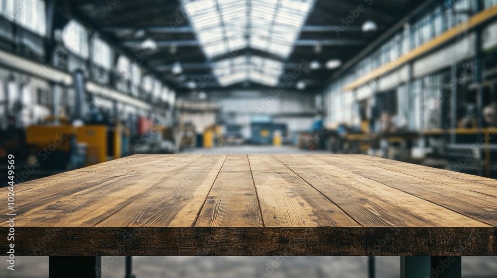 Close-up of a wooden table with a blurred industrial factory background