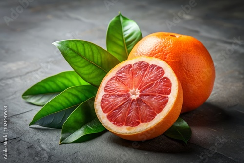 A ripe grapefruit, adorned with a leaf, rests on a soft gray surface. This fresh citrus fruit radiates flavor and vitality, inviting you to enjoy.