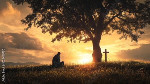 Praying man under tree wields cross. photo