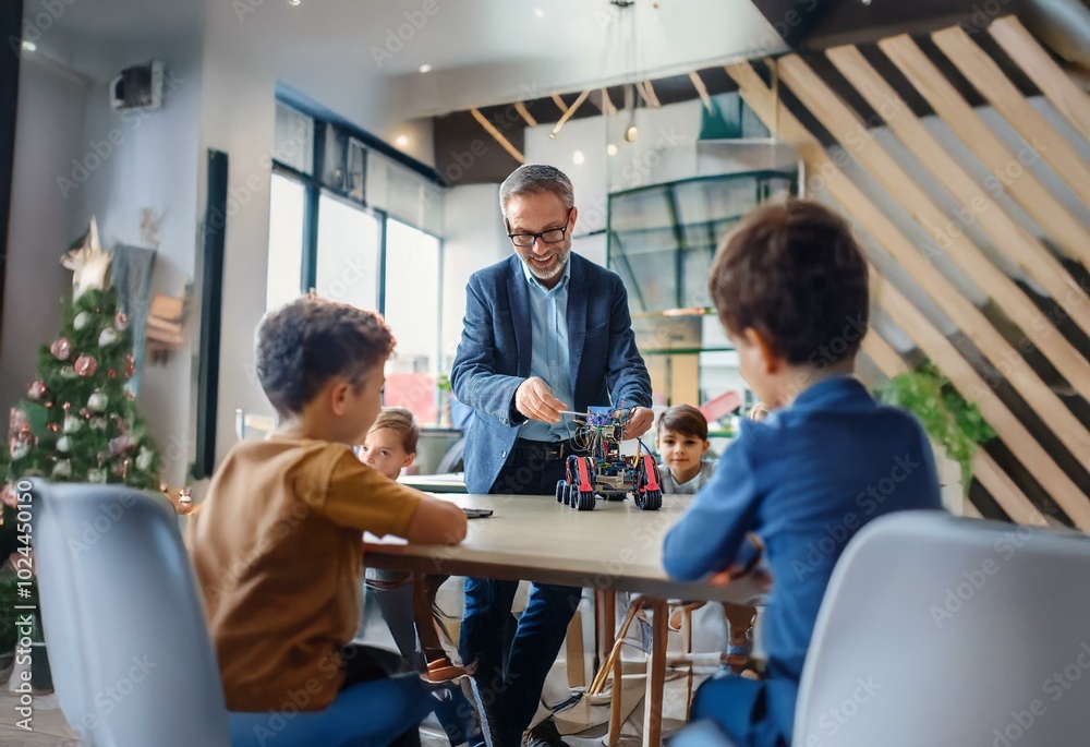 A man in a suit teaches children about robotics. They are all sitting at a table together, and the man is showing them a robot.