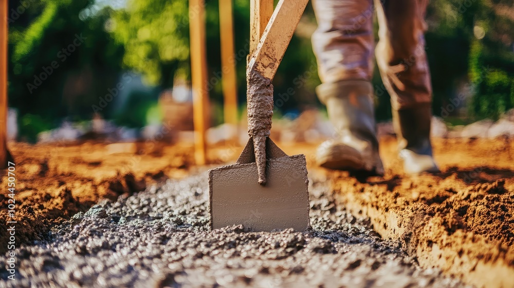 Naklejka premium Worker pouring concrete with shovel in construction site
