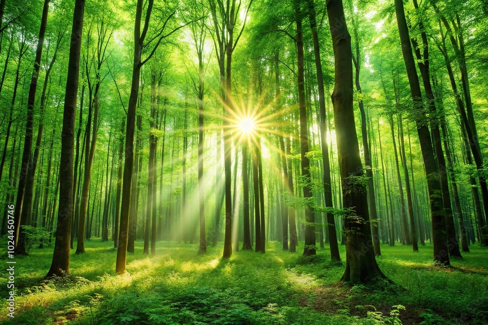 Fototapeta premium Lush green forest with sunlight filtering through the trees